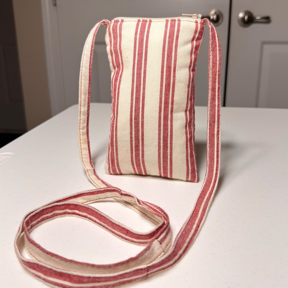 Kitylan Striped Canvas Crossbody Phone Bag Red Cream Ticking Stripe Pouch Small